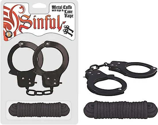 Anal Nasstoys SINFUL METAL CUFFS WLOVE ROPE BLACK
