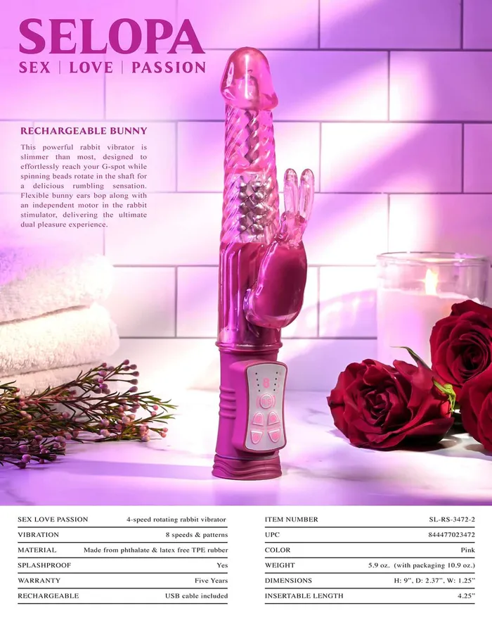Evolved Novelties Female Sex Toys Selopa Rechargeable Bunny Rechargeable Vibrator A Slim and Powerful Dual Pleasure Experience