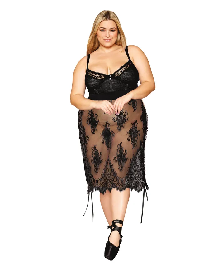 Dreamgirl Plus Size Plus Size Floral Lace and Stretch Velvet Slip Chemise