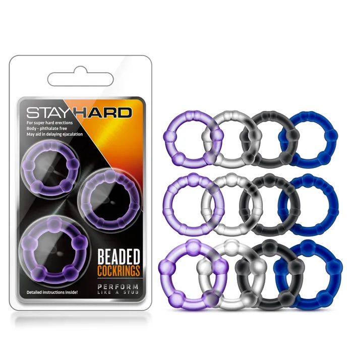 Blush Novelties Dildos Stay Hard Beaded Cock Rings Blue Set of 3 Enhance Erection and Stamina