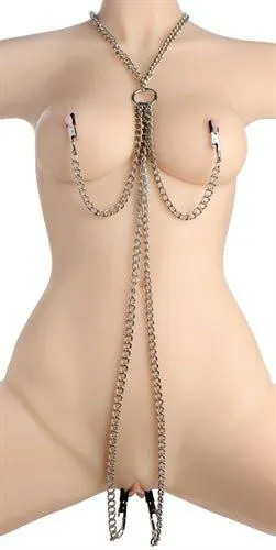 Chained Collar With Nipple and Clit Clamps Silver XR Brands Master Series Male Sex Toys