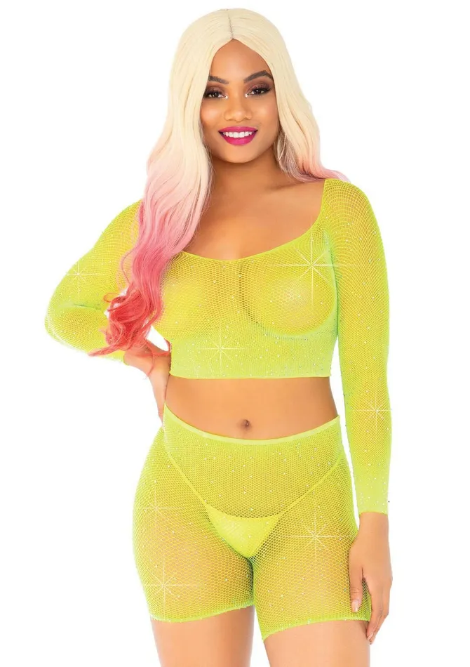 Leg Avenue Teddies And Bodies 2 Pc Rhinestone Fishnet Crop Top and Biker Shorts One Size Neon Yellow Leg Avenue Teddies And Bodies 2 Pc Rhinestone Fishnet Crop Top and Biker Shorts One Size Neon Yellow