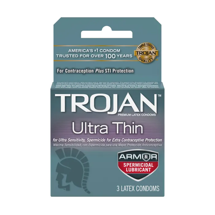 Male Sex Toys Paradise Marketing Trojan Ultra Thin Armor Spermicidal Condoms 3 Pack