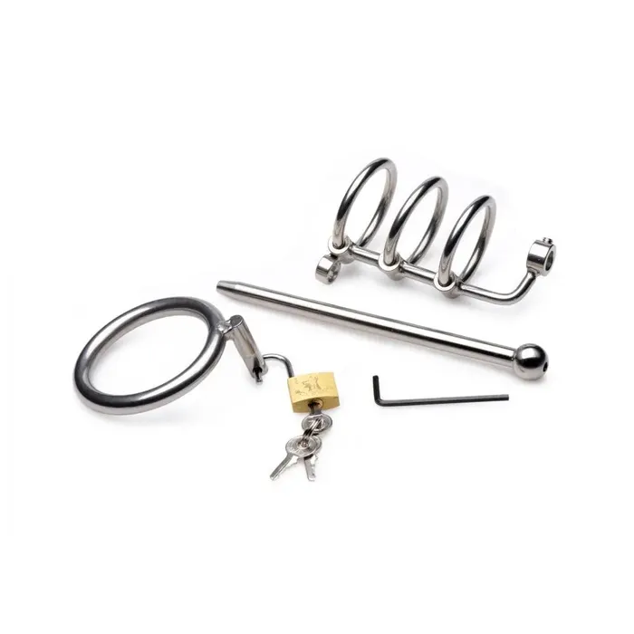 XR Brands Male Sex Toys Sounding Rod Chastity Cage Stainless Steel Adjustable Cum Through Sound Cage