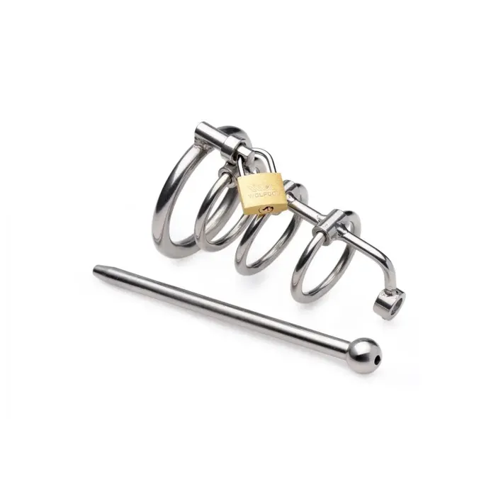 XR Brands Male Sex Toys Sounding Rod Chastity Cage Stainless Steel Adjustable Cum Through Sound Cage
