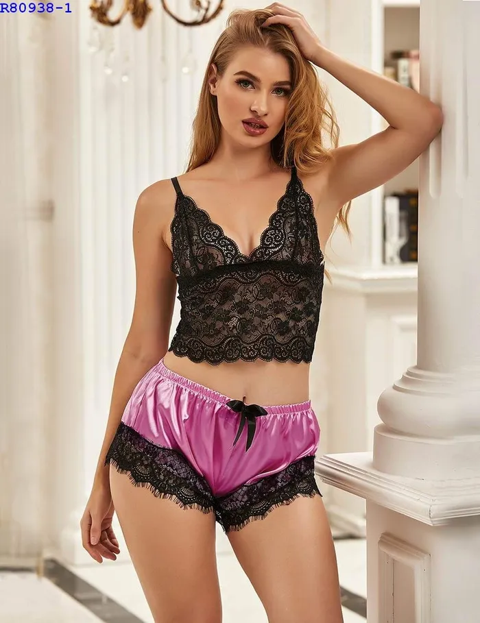 Couples Pleasher Spot Satin PJ lace trim shorts