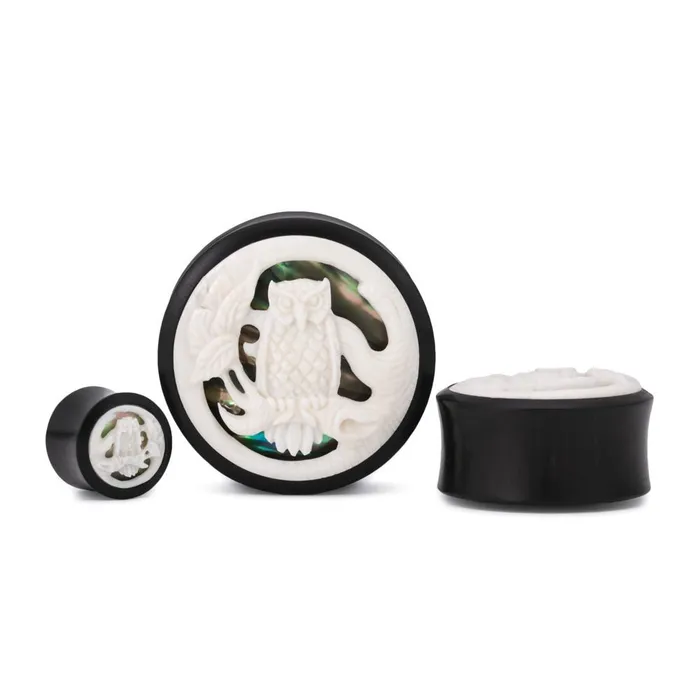 Elementals Organics Anal Give a Hoot Abalone and Bone Inlaid Areng Wood Plug Price Per 1