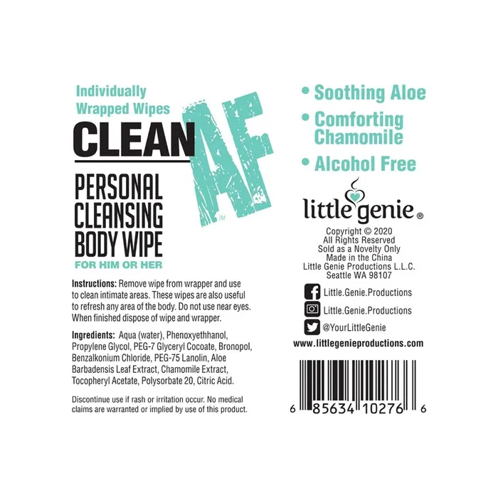 Female Sex Toys Little Genie Production LLC Clean AF Personal Cleansing Body Wipe 1 Count