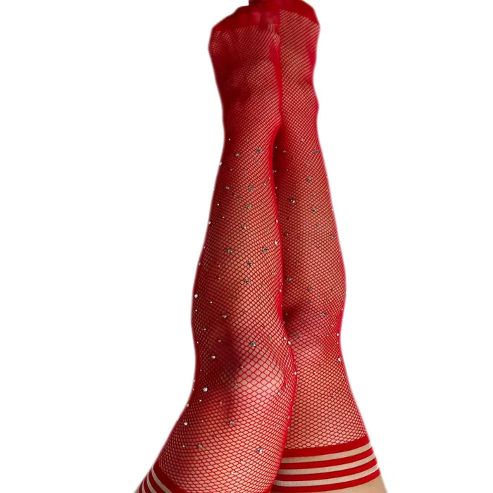 Kixies Vibrators Kixies Joely Red Fishnet with Rhinestones Thigh Highs sizes AD