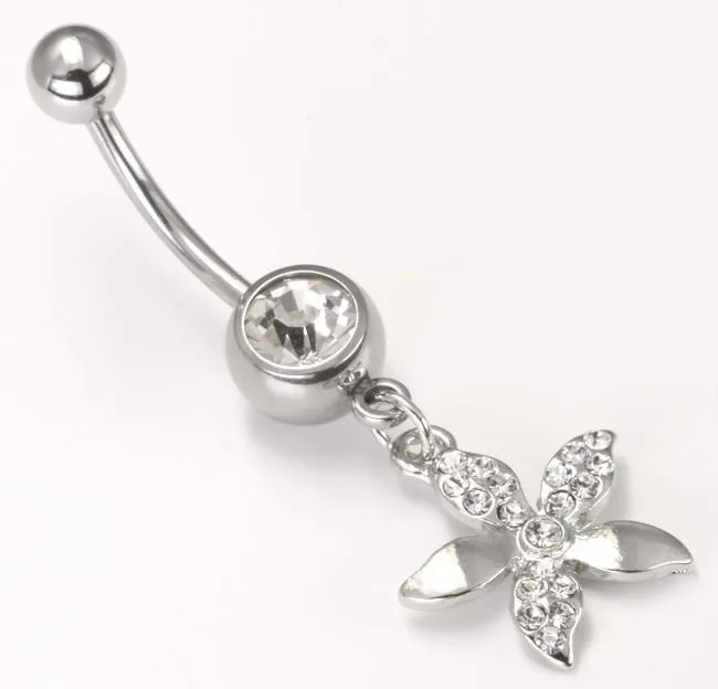 Painful Pleasures Male Sex Toys 14g 716 Stainless Steel Belly Button Ring with Crystal Flower Dangle