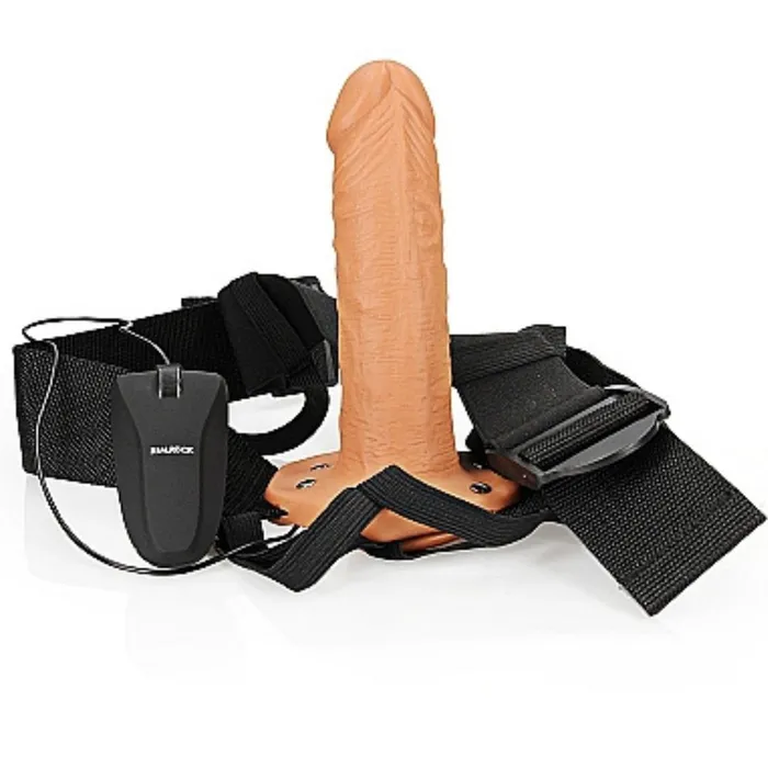 Shots Realrock Vibrating 6 Inch Hollow Dildo Strapon Harness Caramel Female Sex Toys