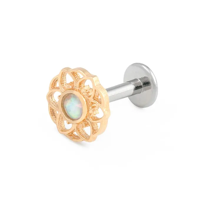 Tilum 18g16g Internally Threaded Yellow Gold Hellebore Top White Opal Center Price Per 1 Tilum Vibrators