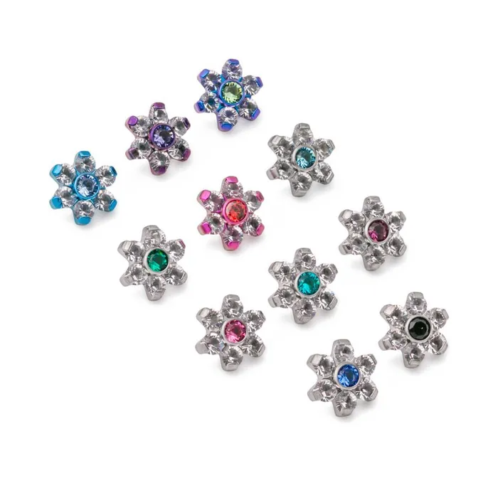 Tilum Male Sex Toys Tilum 18g16g Internally Threaded Titanium Jewel Flower Top with Jewel Center Choose Jewel Color Price Per 1