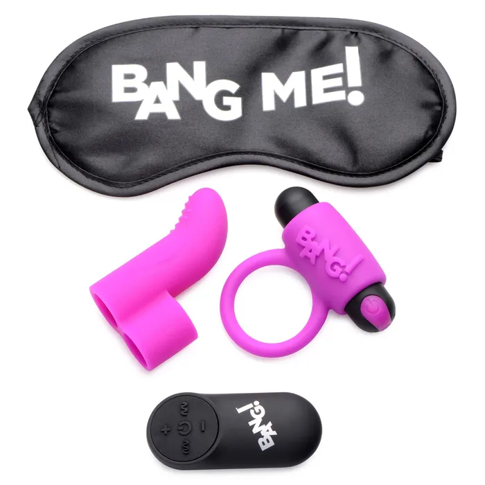 XR Brands BANG Couples Cock Ring Finger Vibe Bullet Blindfold Kit Purple Vibrators