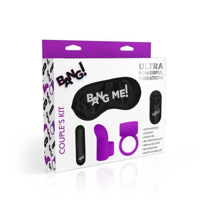 XR Brands BANG Couples Cock Ring Finger Vibe Bullet Blindfold Kit Purple Vibrators